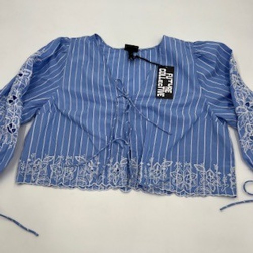 Future‎ Collective Blue White Striped Embroidered Eyelet Tie Front Blouse Large